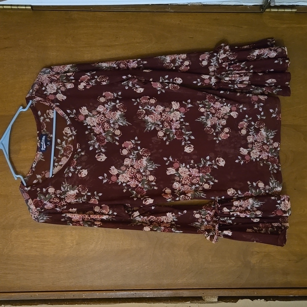Mesh Floral Blouse, M, Freshman, Flower, Red, Cherry, Maroon, Burgundy, Vintage